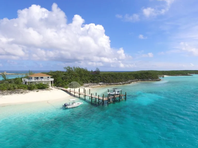 Aerial view of the house and dock on the cay at Little Majors Spot, Exuma Cays, Exuma