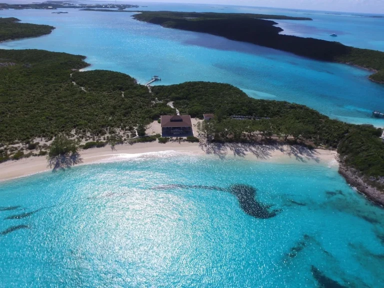 Aerial view of the cay and turquoise bay at Little Majors Spot, Exuma Cays, Exuma