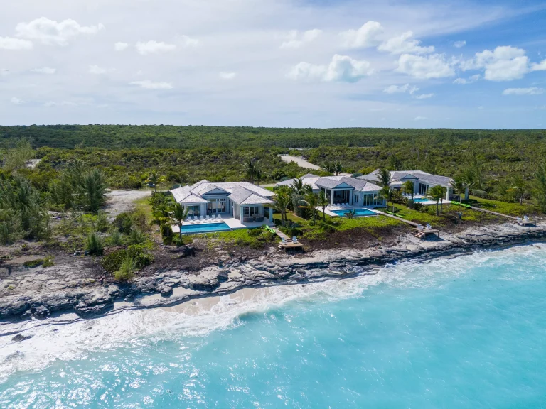 Aerial view of the villas on the rocky shore at Seaclusion, George Town, Great Exuma