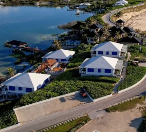 Aerial view of the cottages and harbor at Ocean View Cottage, Hope Town, Elbow Cay